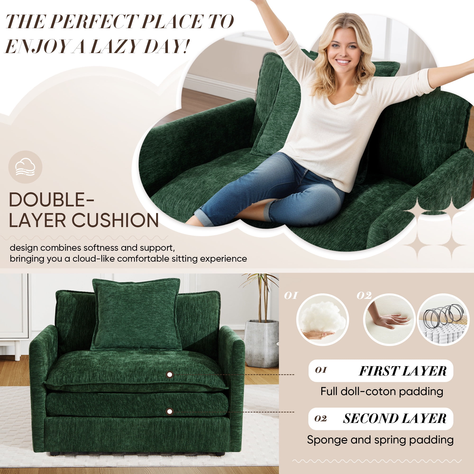 Lunale Oversized Chair with Ottoman, Reading Accent Armchairs for Living Room, Bedroom, Green Chenille