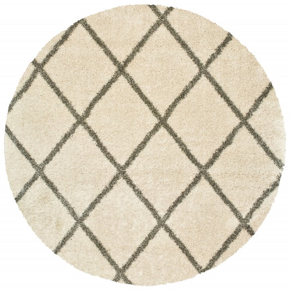 8â€™ Round Ivory and Gray Geometric Lattice Area Rug