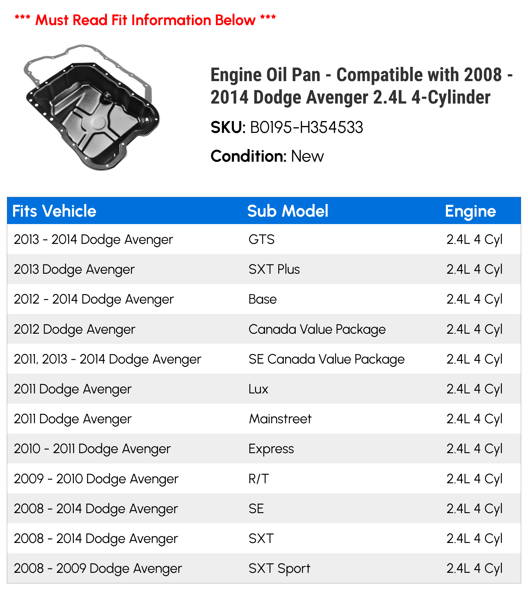 Engine Oil Pan - Compatible with 2008 - 2014 Dodge Avenger 2.4L 4-Cylinder - Autopart Premium