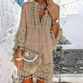 thumbnail image 2 of YDDIAN Women Floral Lace Trim Tassel V-Neck Mini Dress Summer Boho Cold Shoulder 3/4 Sleeve Fringe Hem Swing Flowy Dresses Khaki 3XL, 2 of 3