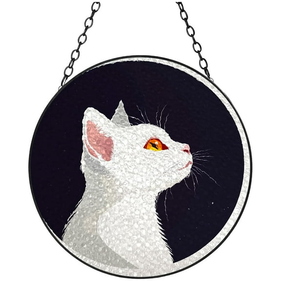 White Cat Stained Glass Suncatcher Colored Handmade Window Hangings Glass Suncatcher Crafts Kits for Indoor Garden Christmas Decor and Memorial 16x16cm(1)