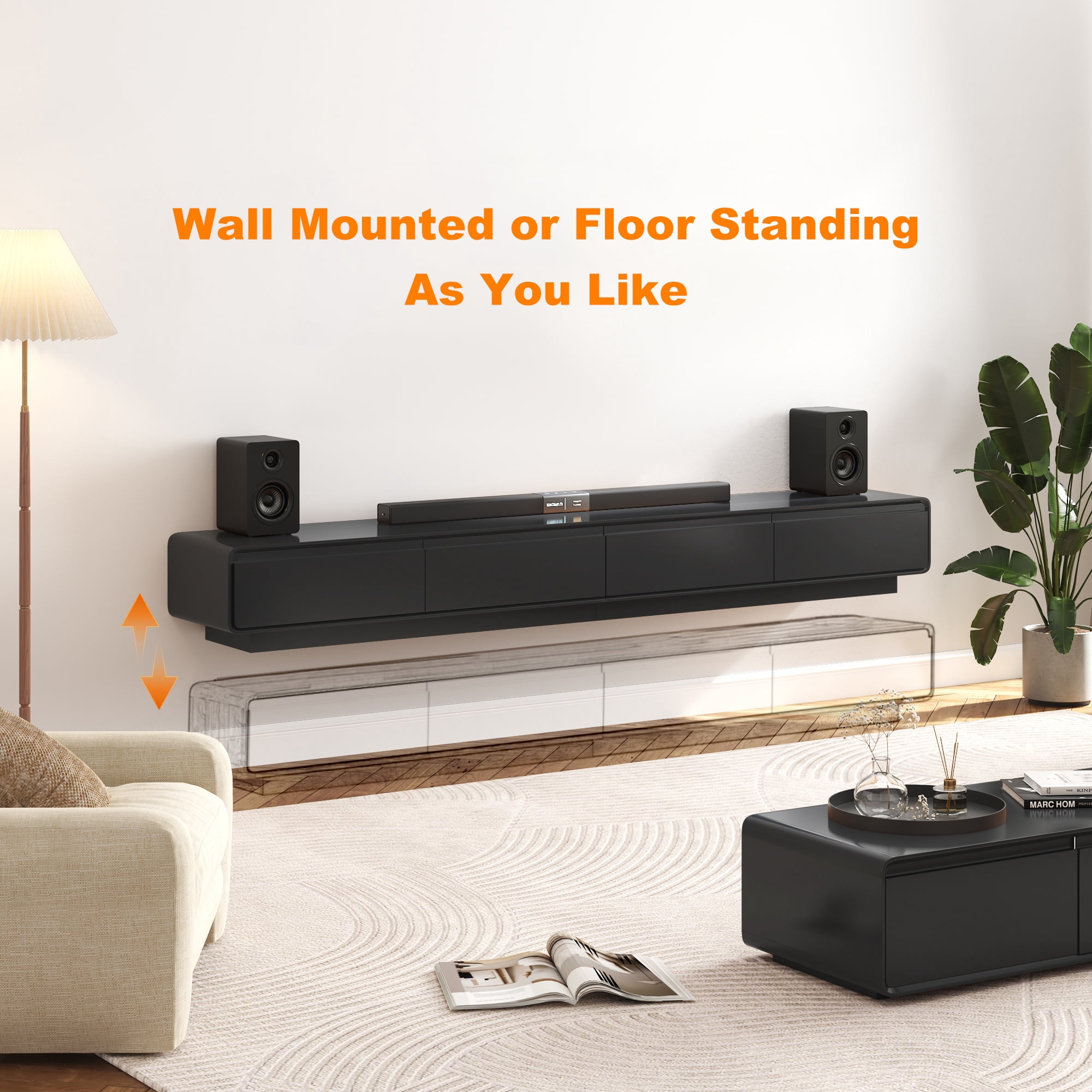 Blotout 94.5'' Minimalist Floating TV Stand, Modern Wall-Mounted Media Console with 4 Drawers for Wall-mounted TV Up to 110'', Black