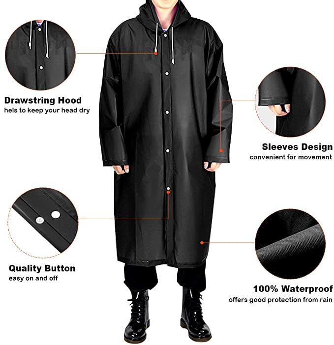 Laneko Reusable Raincoat Emergency Rain Poncho with Hood and Sleeves EVA Materials 100% Waterproof,Portable Rainwear for Unisex Adults Hiking Camping Travel