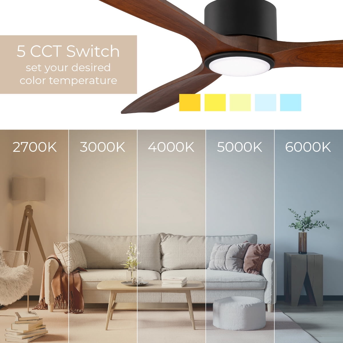 Madera 52in 3-Blade Smart Ceiling Fan 2700K-6000K CCT Tunable Range LED Light Kit in Matte Black with Distressed Koa Solid Wood Blades Works With iOS or Android App
