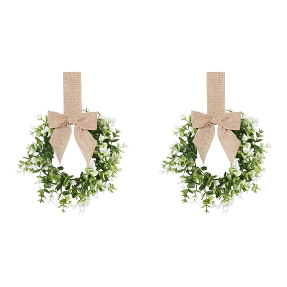 Khaki Bow Mini Boxwood Wreaths, Faux Greenery Cabinet Door Decorations for Kitchen, Window, Shelf, Wall, Porch and Neutral Farmhouse Home Decor