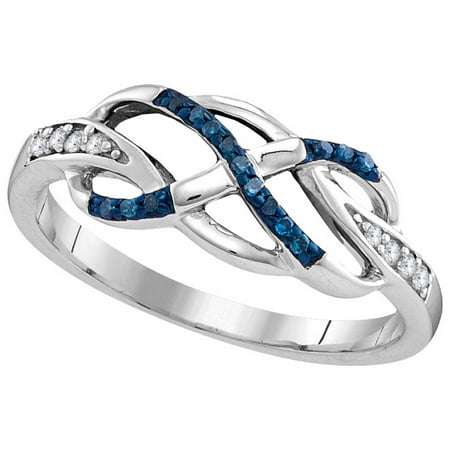 - Size - 7 - Solid 925 Sterling Silver Round Blue And White Diamond Channel Set Curved Infinity Wedding Band OR Fashion Ring (1/10 cttw)