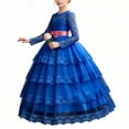 thumbnail image 2 of Girls Maxi Gown Lace Long Sleeve Cinched Bow Belted A-Line Dress Tween Elegant Fluffy Mesh Tiered Layered Evening Dresses Blue 9-10 Years, 2 of 7