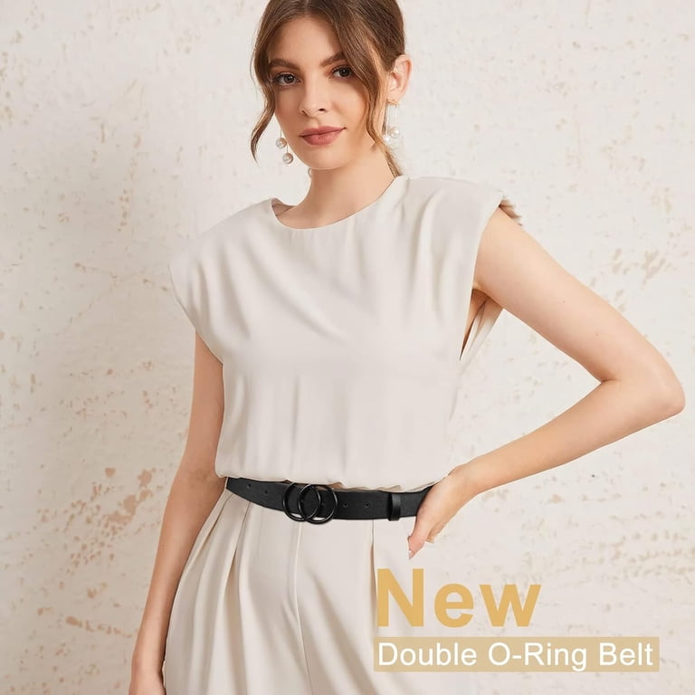 Women Faux Leather Double O-Ring Waist Belt for Jeans Dress SUOSDEY Women Leather Belt Fashion Double O-Ring Soft Faux  main image 2