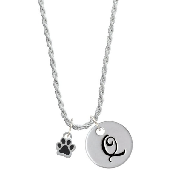 Delight Jewelry Silvertone Mini Translucent Black Paw Silvertone Script Initial Disc - Q - Charm Necklace, 20"+3"
