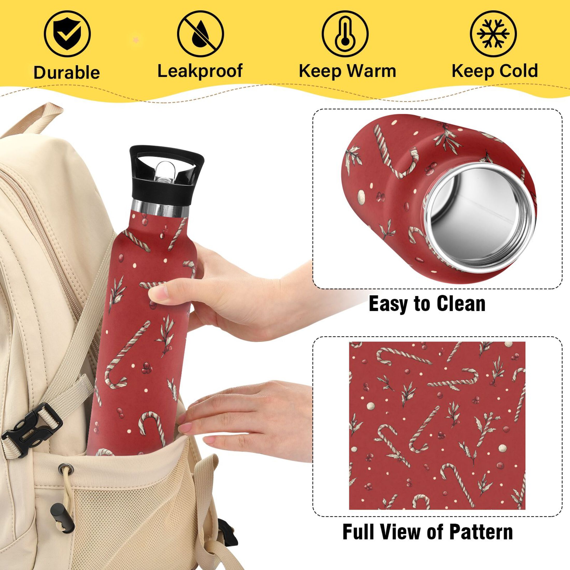 600ML Stainless Steel Insulated Cup Sports Water Bottle Portable Thermos Cup Water Glasses Insulated Tumblers Convenient and Durable Red Christmas Candy Cane