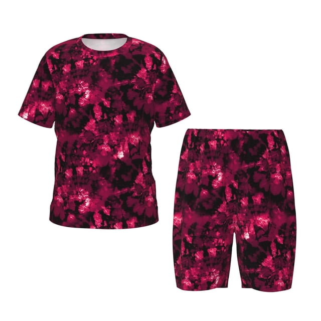 Fotbe Burgundy Tie Dye Pijama Estampada de 2 Piezas para Niños – Ropa de Dormir de Manga Corta Cómoda para Niños y Niñas, Camiseta y Shorts de Algodón-X-Large
