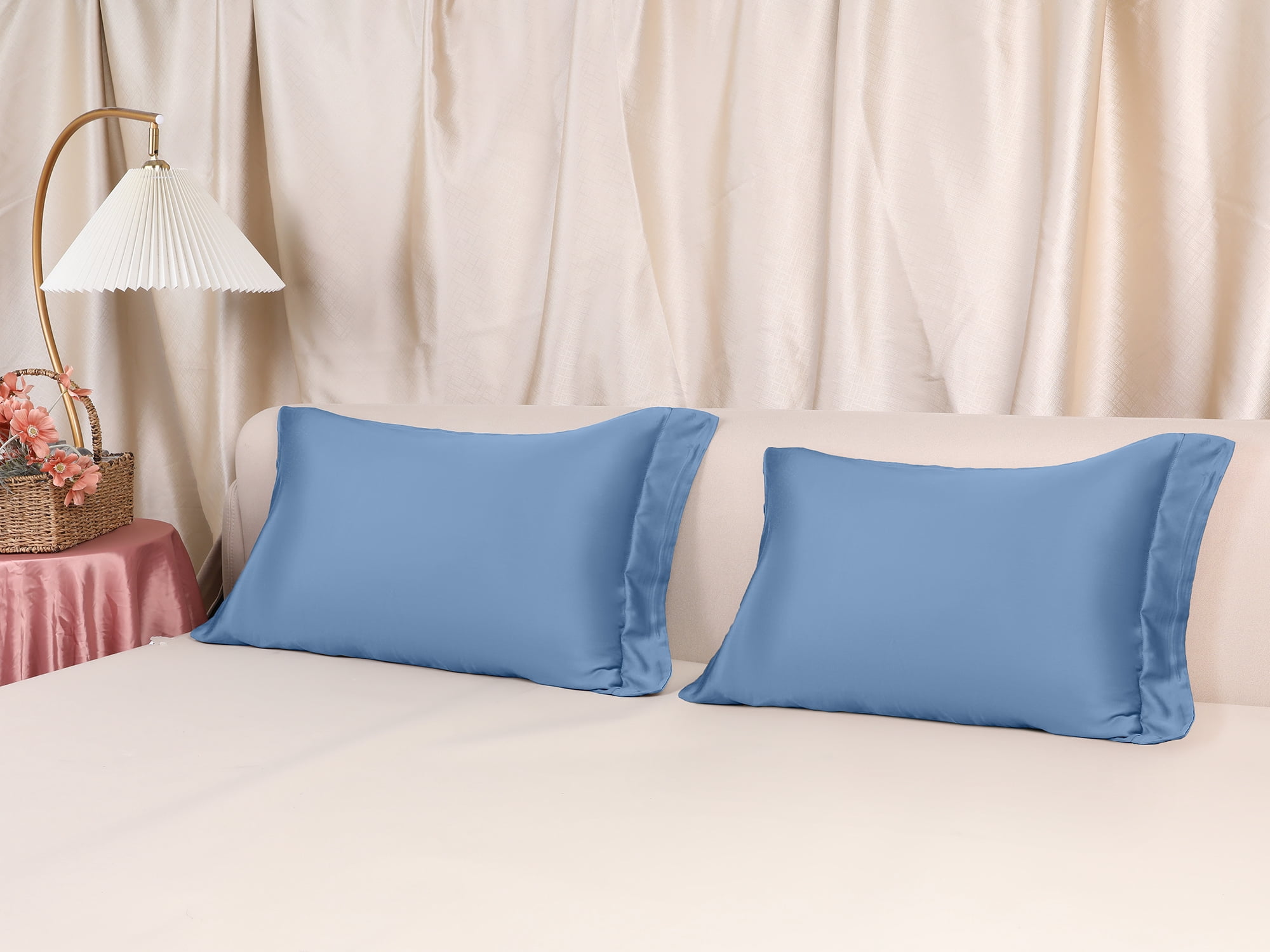 Unique Bargains Satin Pillow Cases Set of 2 Cooling Pillow Covers Queen Navy Blue