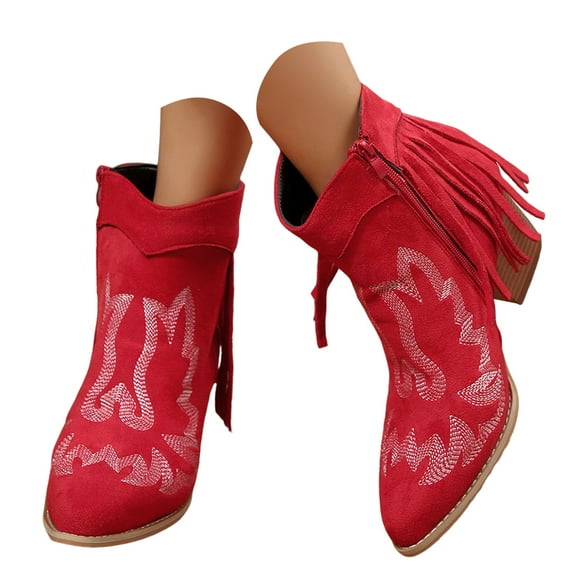 Mepaouo Fringe Ankle Cowboy Boots for Women Tassel Western Cowgirl Booties Chunky Heel Dress Riding Shoes