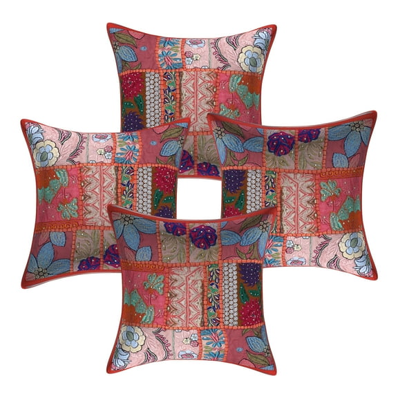 Stylo Culture Indian Cotton Home Decor Throw Pillow Sham Covers Orange 12x12 Bohemian Vintage Patchwork Indian Couch Cushion Covers 30 x 30 cm Living Room Abstract Square Pillowcases | Set Of 4