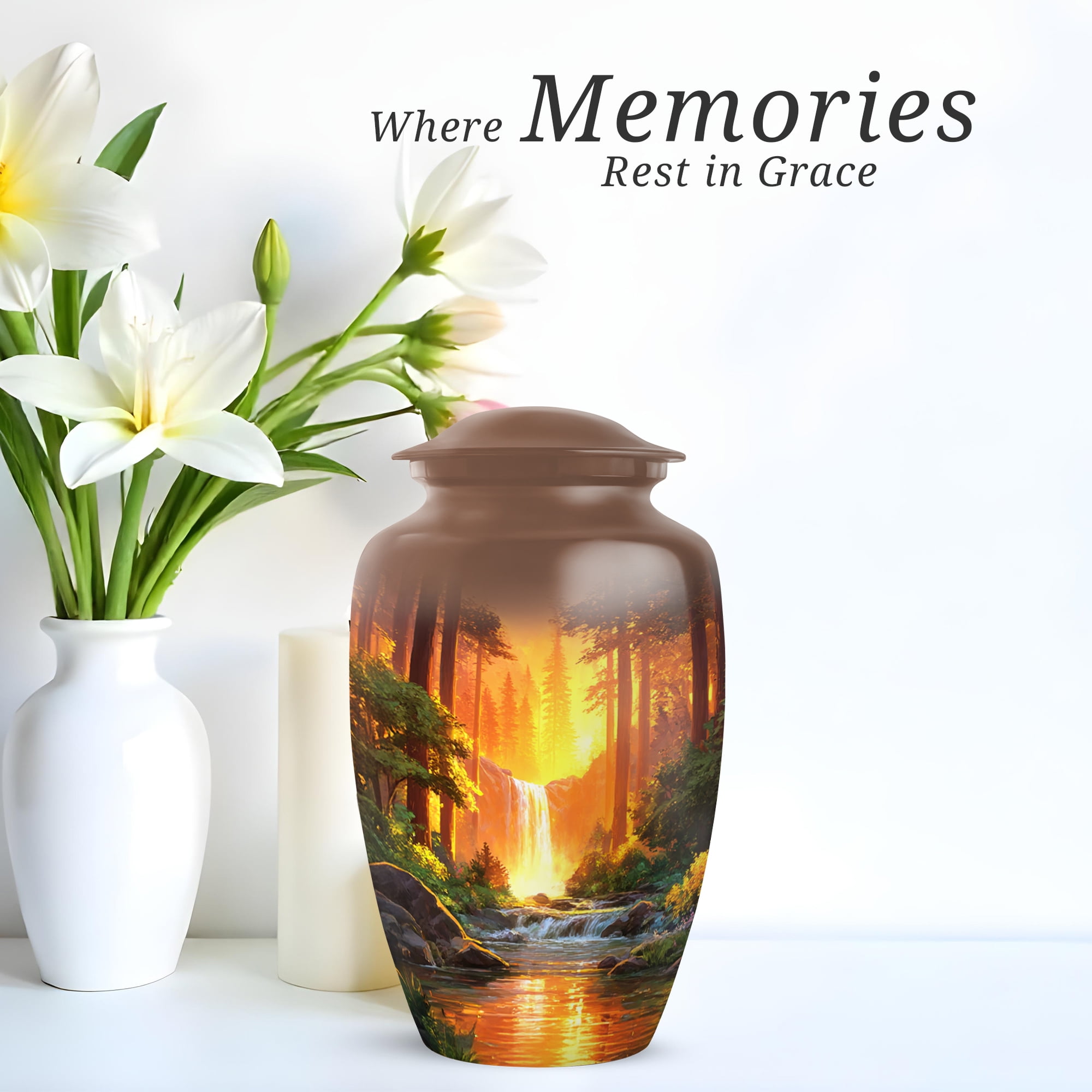 Waterfall Funeral Urn For Adult Mother, Cremation Urn For Human Ashes Large Adult, Burial Urns For Ashes Male, Brown Urns For Male And Female, 10 Inch