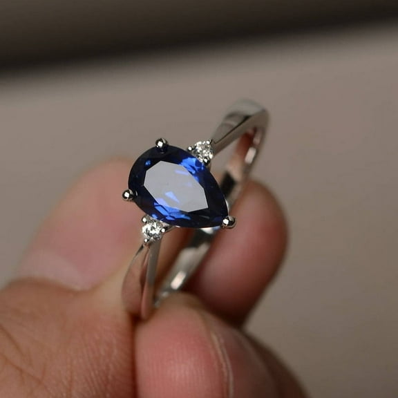 Blue Sapphire Wedding Ring September Birthstone Ring Pear Cut Blue Gemstone Sterling Silver
