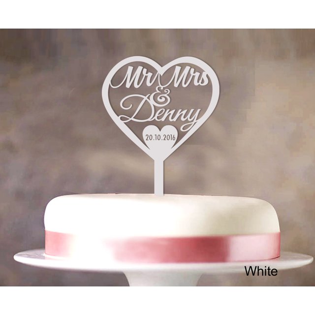 Personalized Mr And Mrs Wedding Cake Topper With Date And Heart Cake Decorations Color Option Available 5.5-6.5 Inches Wide