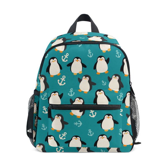 FORMRS Kids School Backpack with Front Zippered Pocket 12" Student Travel Daypack, Green Cartoon Penguin Pattern