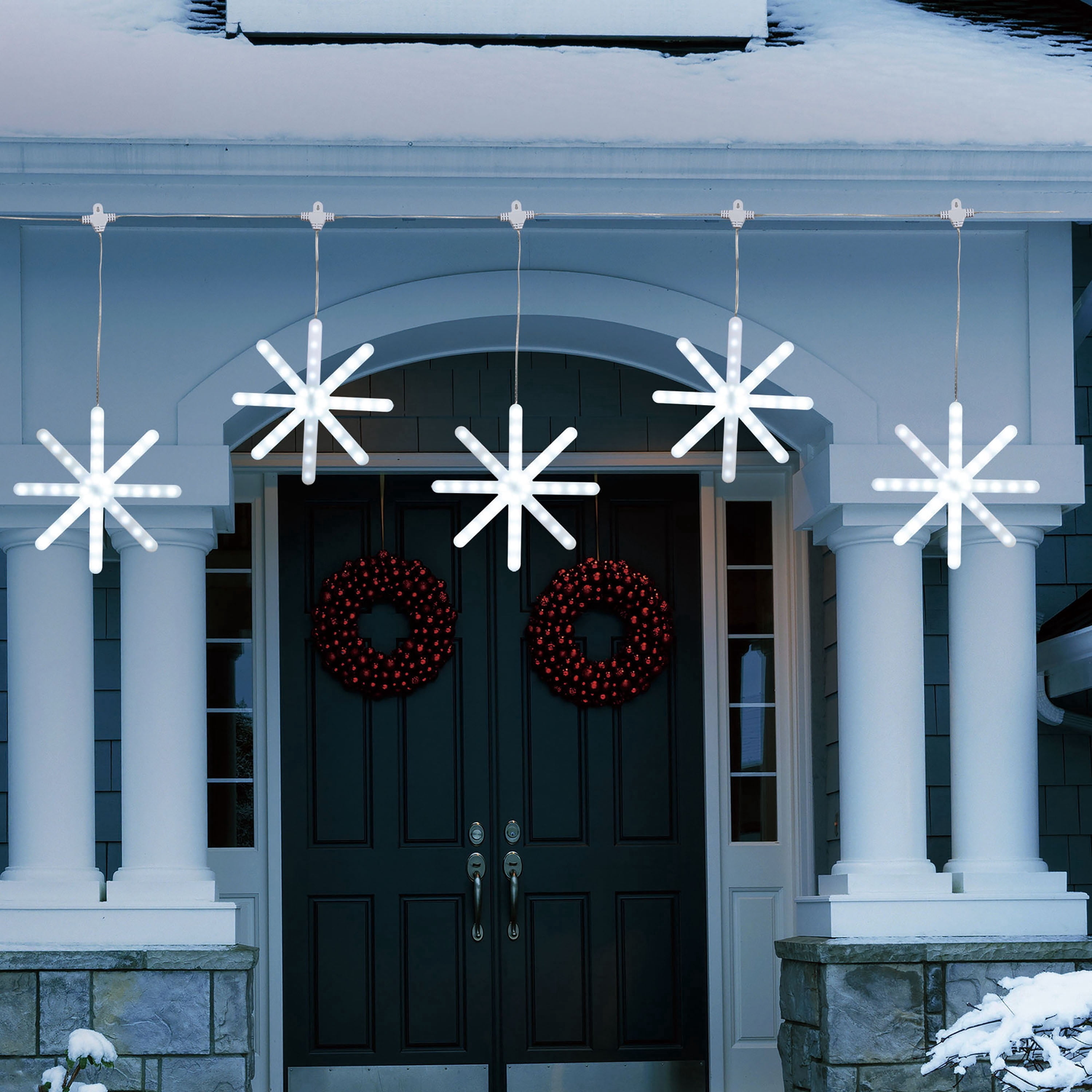 Indoor/Outdoor 5-Count LED 3-Function Sync Snowflake Christmas Lights, Cool White, Transparent Wire, 8', by Holiday Time