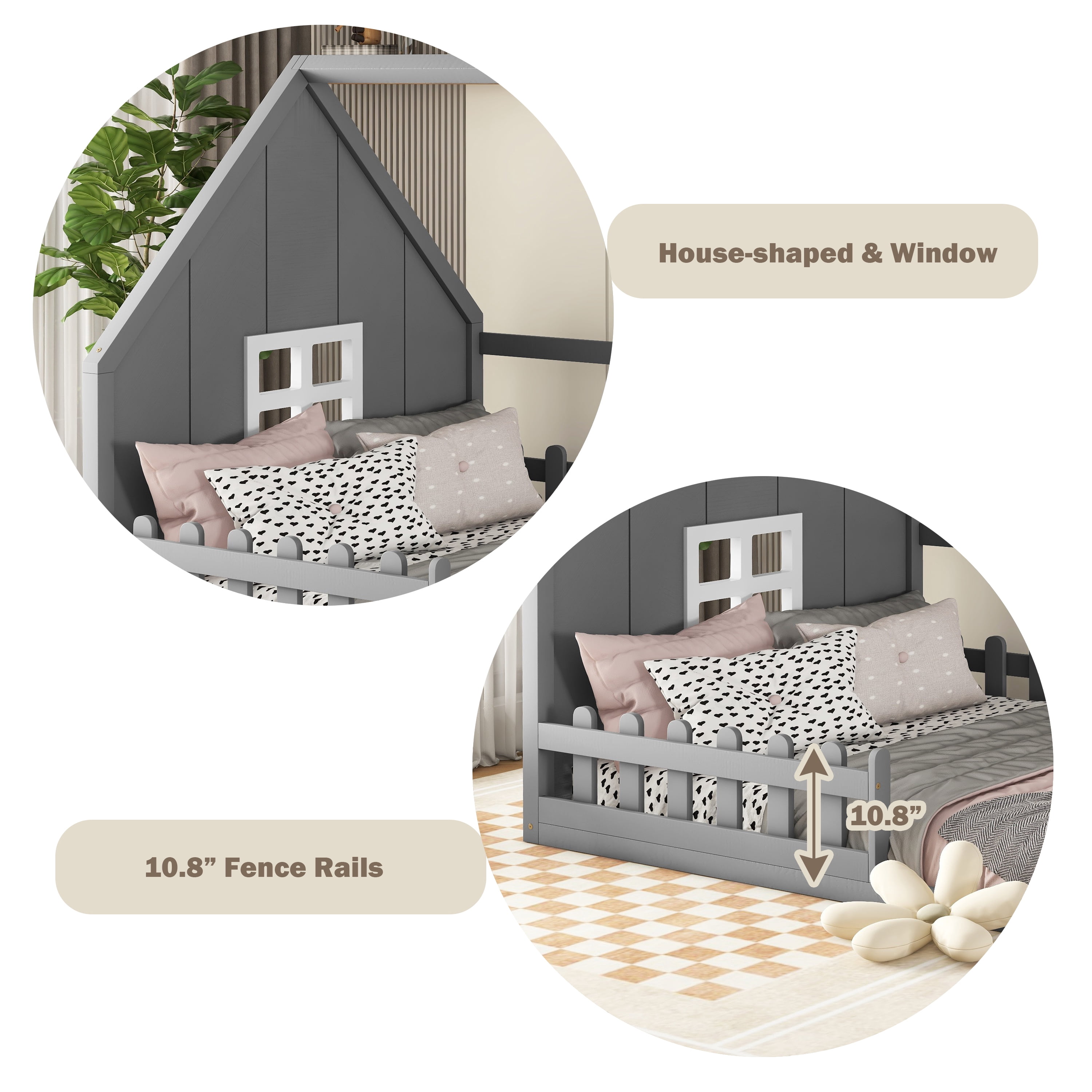 Bellemave Full Floor Bed with Fence and Window, Wooden Montessori Floor Bed,Full Size House Bed Frame,Gray