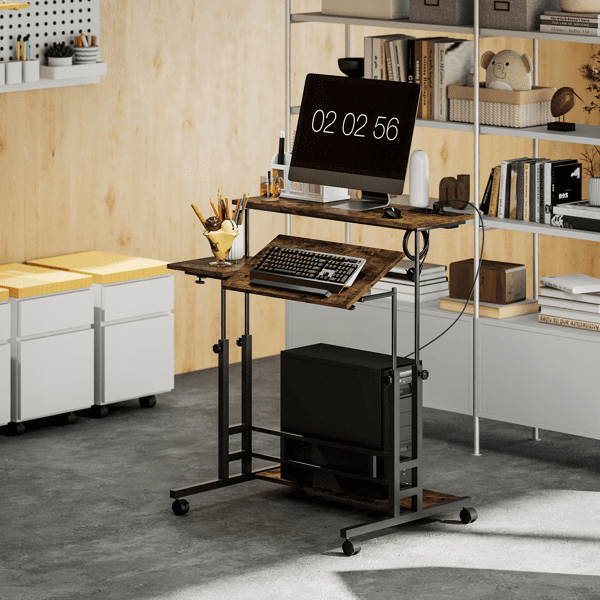 31.5" Manual Adjustable Standing Desk, 3-Panel Tiltable Desktop, 4 Lockable Casters, Particleboard & Steel Frame for Home Offices