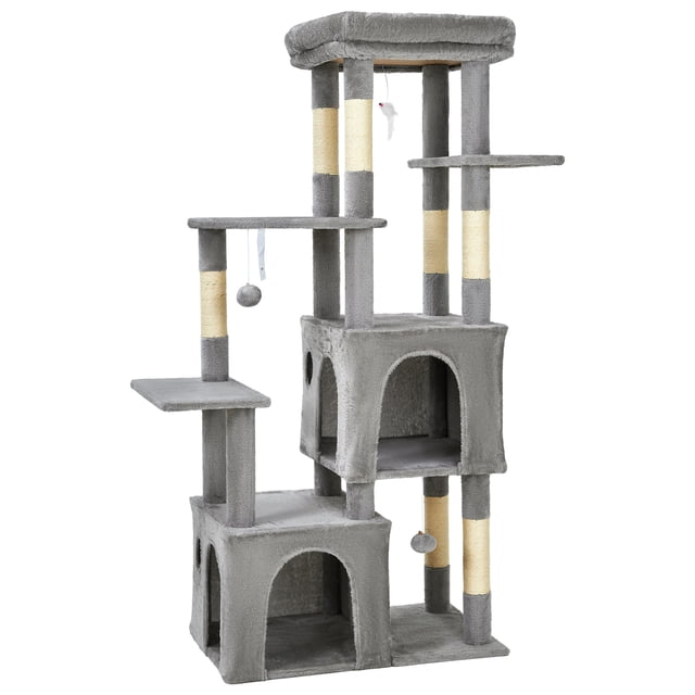 Heavy Duty 61" Multi-Level Cat Tree Tower for Large Indoor Cats & Maine Coons, Modern Sturdy Design,Robust Natural Sisal Scratching Posts, Stable Activity Center with Interactive Toys - Light Gray