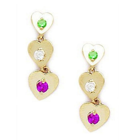 14k Yellow Gold Red and Green Cubic Zirconia 3 Heart Drop Screw-Back Earrings - Measures 19x7mm