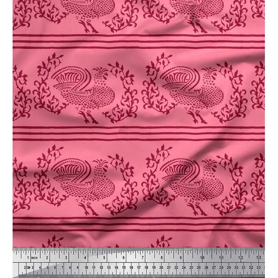 Soimoi Polyester Crepe Fabric Stripe,Leaves & Hen Block Decor Fabric Printed Yard 42 Inch Wide