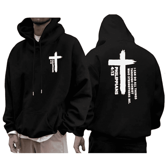 Men's Premium Christian Hoodie, "Philippians 4:13" Bible Verse Cross Pullover, Urban Streetwear Style