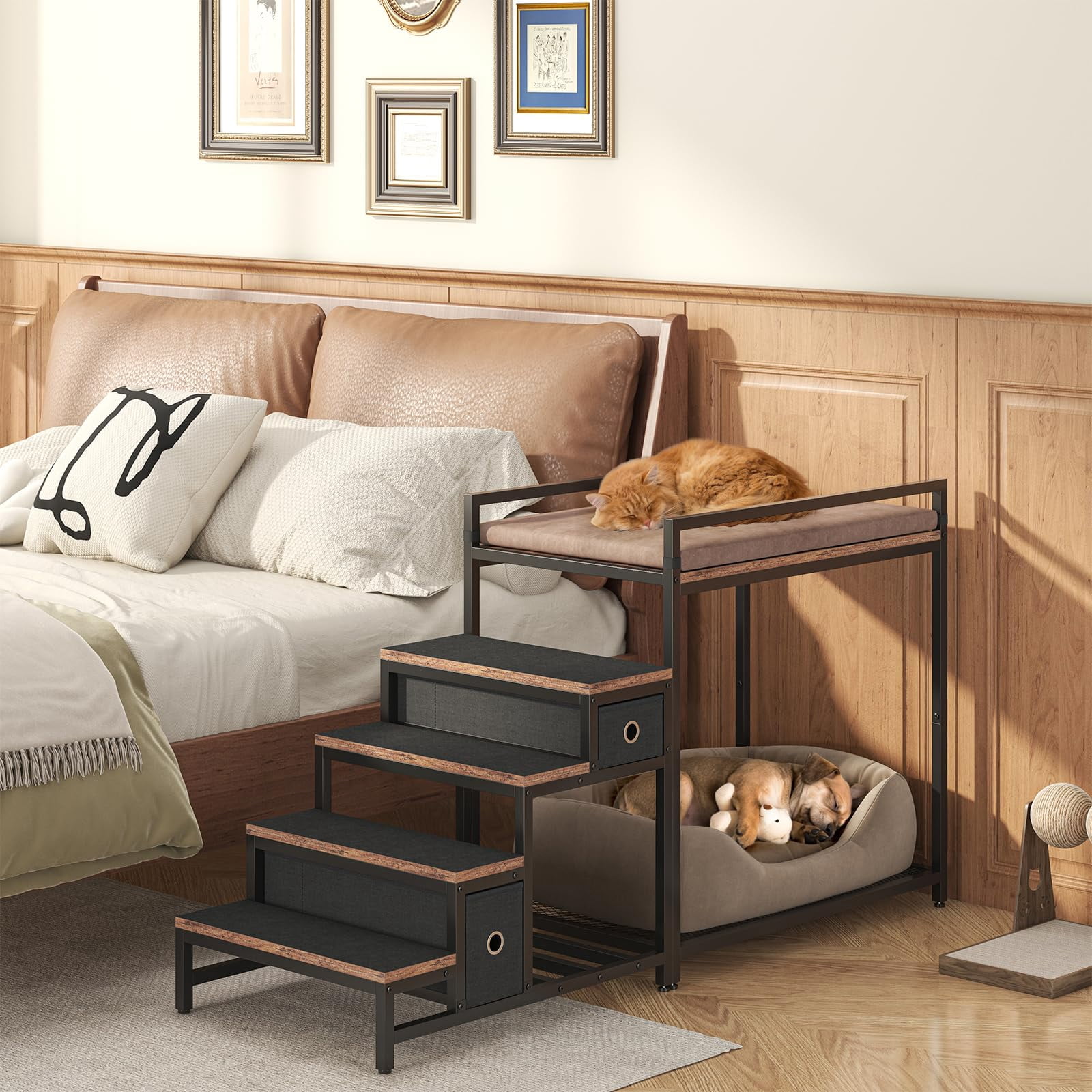 Pet Bunk Bed with Stairs Storage Drawers, Multi-Level Elevated Dog Cat Bed for Window Perch or Bedside Lounge, Foam Upholstered Platform, Black