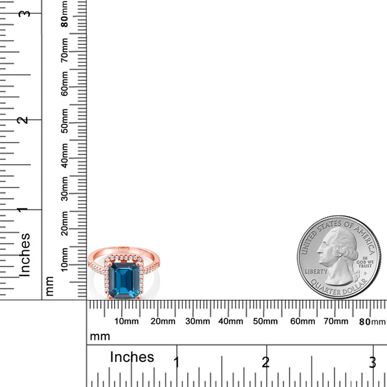 Gem Stone King 18K Rose Gold Plated Silver London Blue Topaz Engagement Ring for Women (4.36 Cttw, Emerald Cut 10X8MM, Gemstone November Birthstone, Size 7)