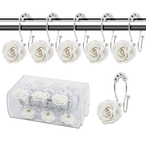 Coolmade Rose Shower Curtain Hooks 12 Pcs Double Glide Rings Stainless Steel Rustproof Decorative Hook Ring With Resin Flower For Bathroom Rods White Com Coolmade Rose Shower Curtain Hooks 12, Decorative Shower Curtain Rings