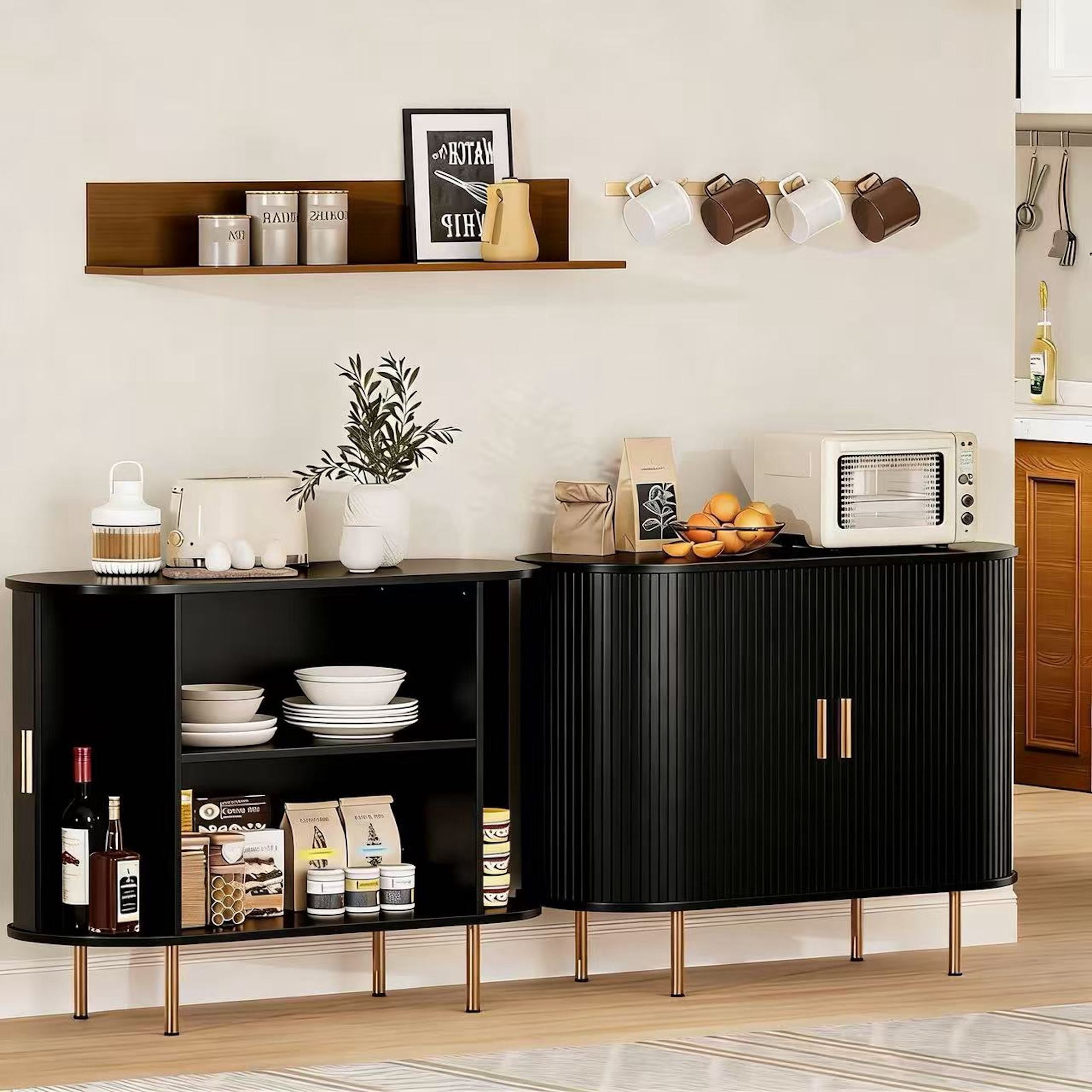 Aisword Sideboard Buffet Cabinet with Storage,Mid Century Modern Fluted Accent Coffee Bar Console Table,Tambour Sliding Doors& Adjustable Shelf for Kitchen, Living Room, Entryway, 40 Inch Black