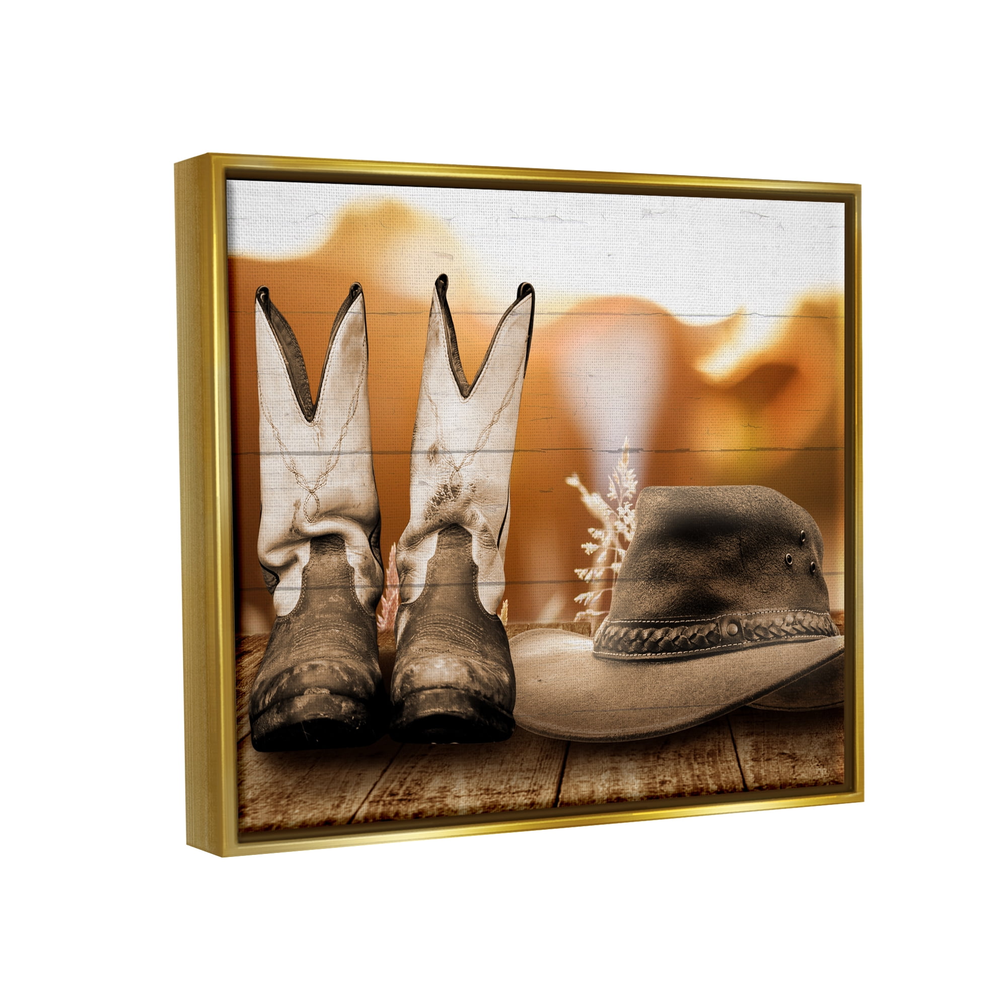 Stupell Industries Rustic Cowboy Boots Beauty & Fashion Painting Gold Floater Framed Canvas Art Print Wall Art, 21 x 17