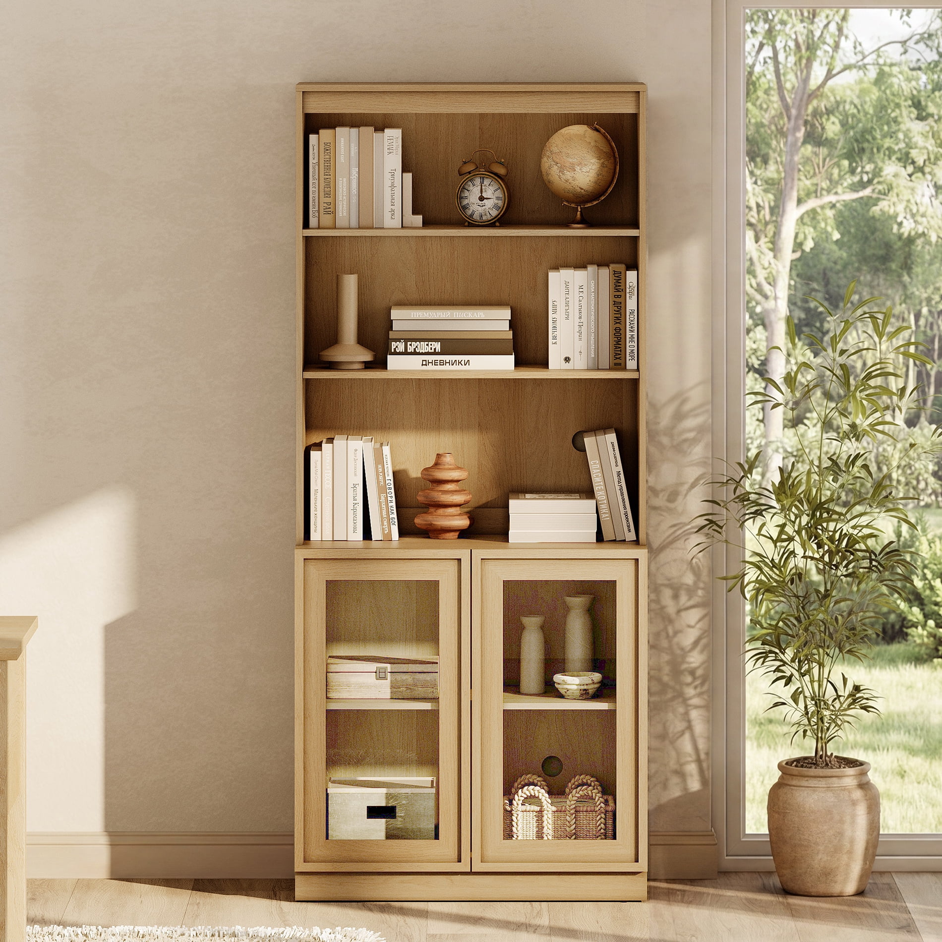 Modern 72" Tall Bookshelf with Glass Doors and Adjustable Shelves, Library Bookcase with Storage Cabinet and Open Shelves,Oak