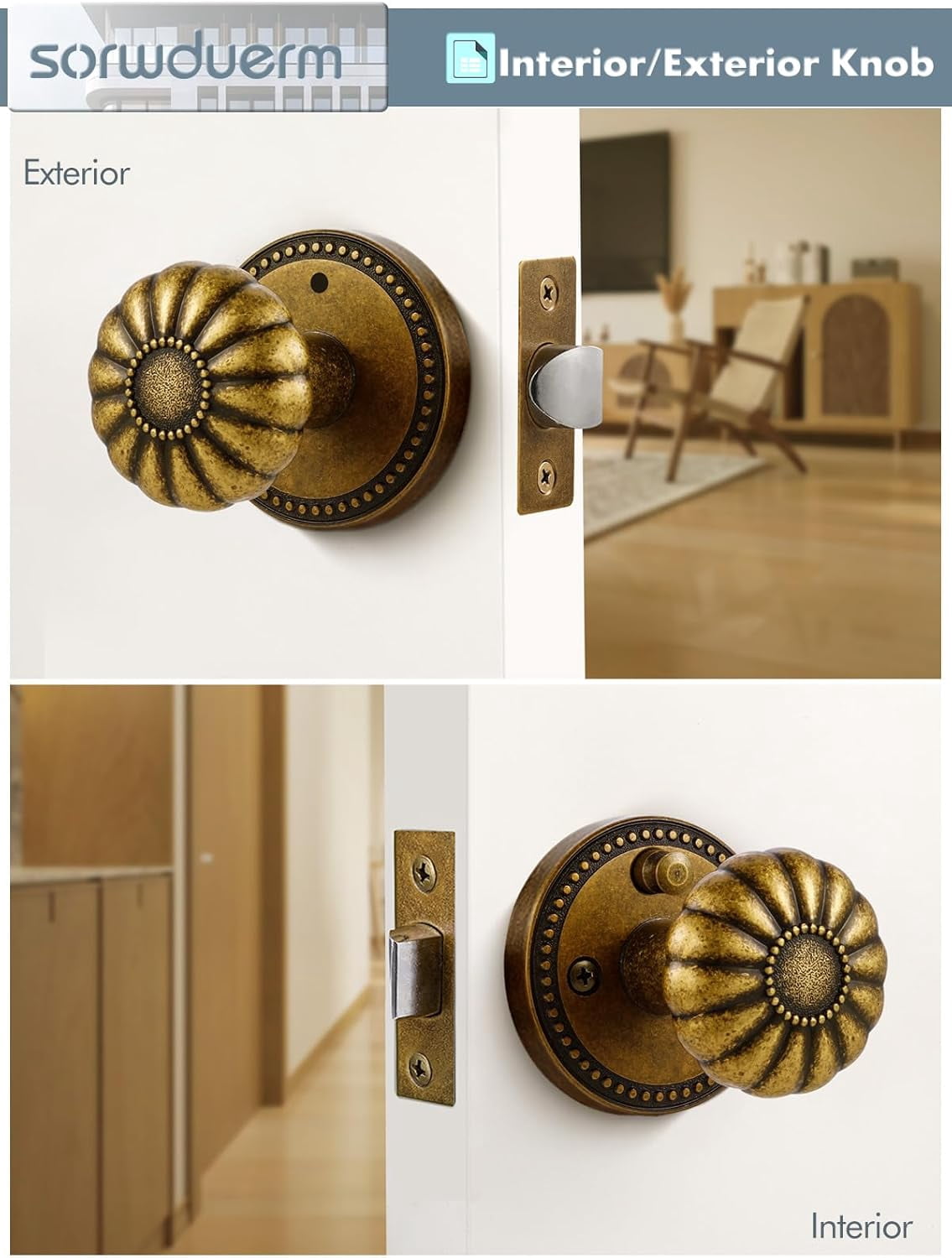 Antique Brass Door Knobs Interior Privacy Door Knob with Lock for Bedroom and Bathroom,Zinc Alloy 1 Pack