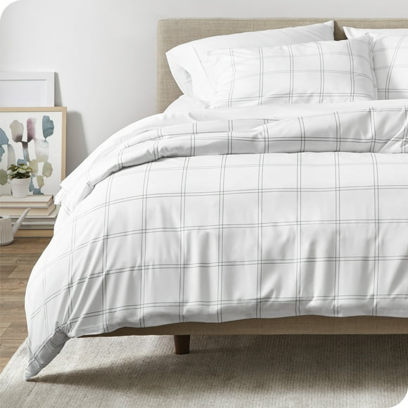 Bare Home Luxury Duvet Cover and Sham Set - Premium 1800 Collection - Ultra-Soft - Oversized Queen, Modern Plaid - White/Gray, 3-Pieces