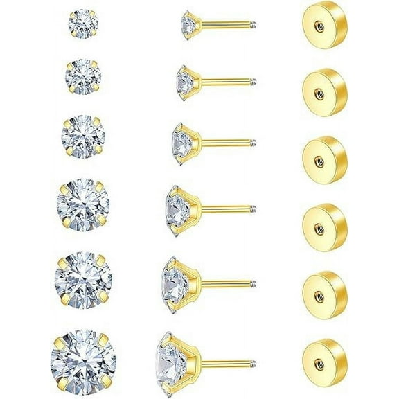 Cterwk 6 Pairs Stud Earrings 316L Steel Flat Back Earrings for Women Men Silver Cubic Zirconia Studs Earrings, Gold