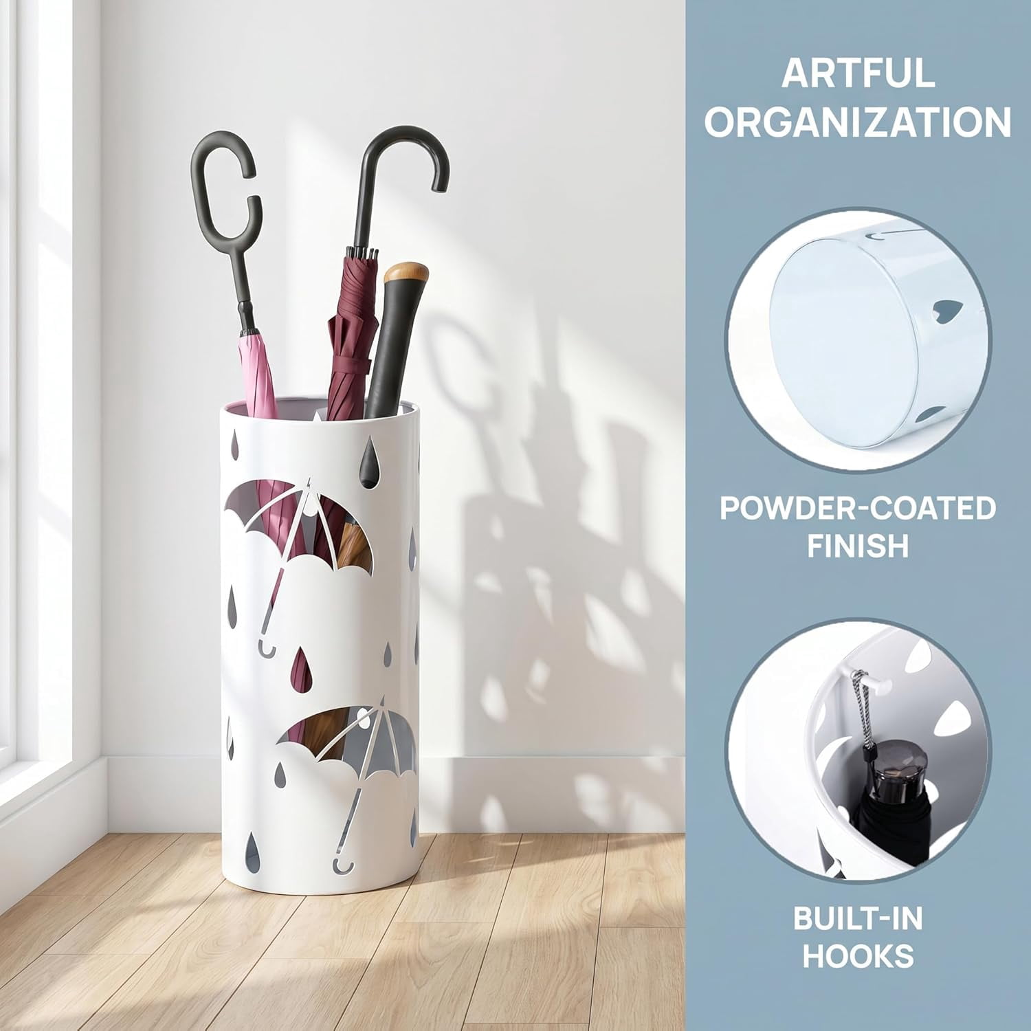 Umbrella Stand Rack for Entryway, Freestanding Round Metal Umbrella Holder, Rain Collection Umbrella Organizer Bin for for Can Walking Stick, Home Office Decor, Hold 4-5 Umbrellas