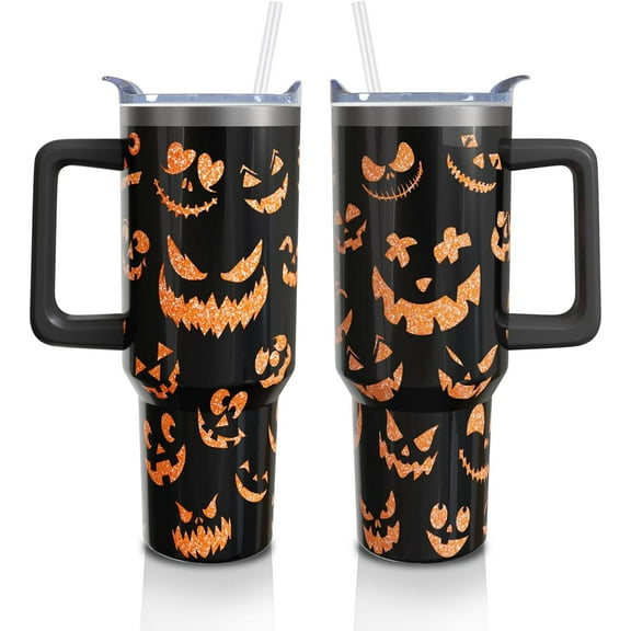 Halloween Pumpkin Face 40 Oz Tumbler With Handle and Straw, Stainless Steel Double Walled Vacuum Insulated Cup, Holiday Gifts for Women Men