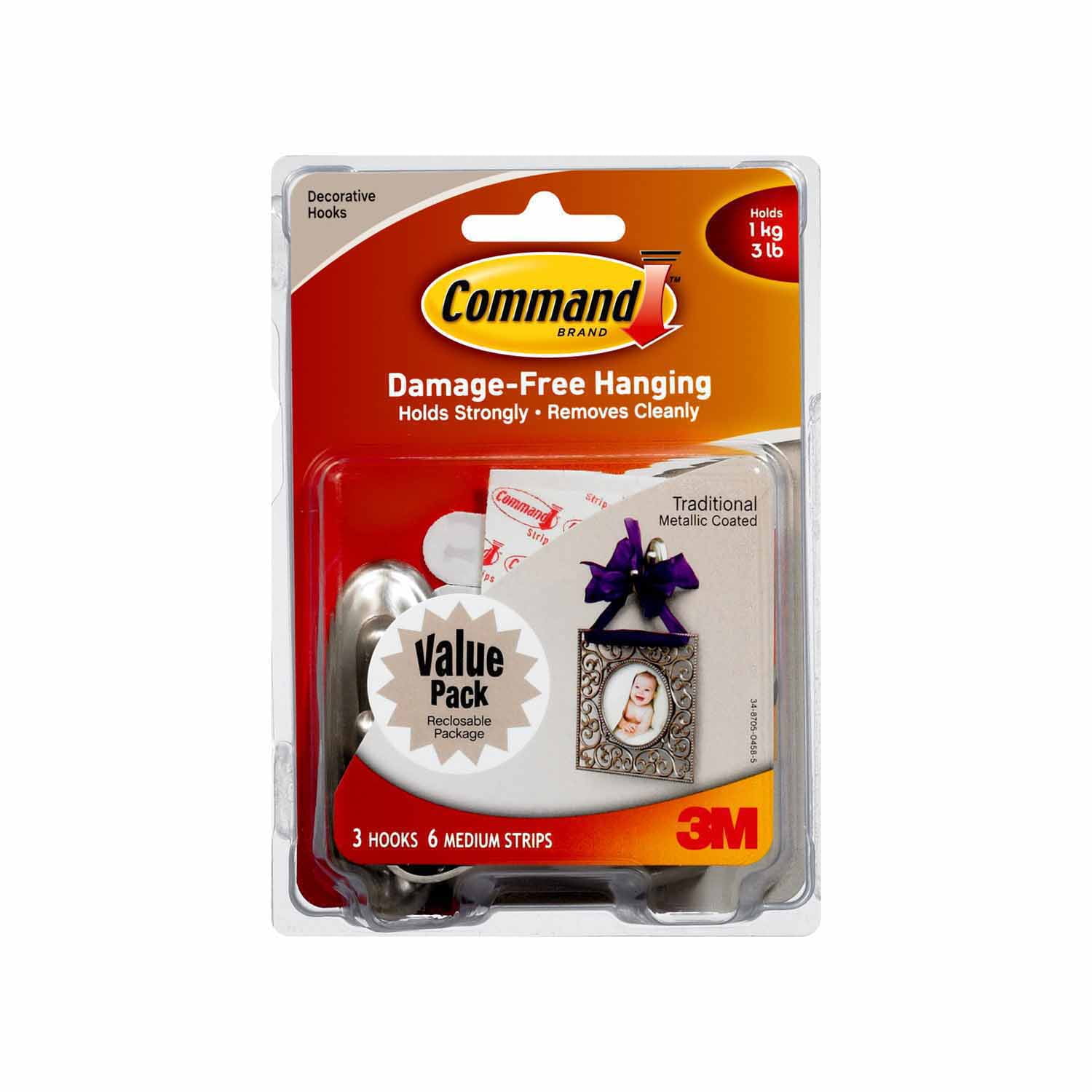 Command Hook, Traditional Brushed Nickel, Medium, 3 Hooks, 6 Strips