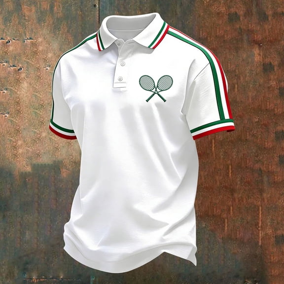 Men Polo Shirts Stripe Short Sleeve Button Up Collar Top Classic Golf Sports Casual Business Tennis Print White T Shirts for Man