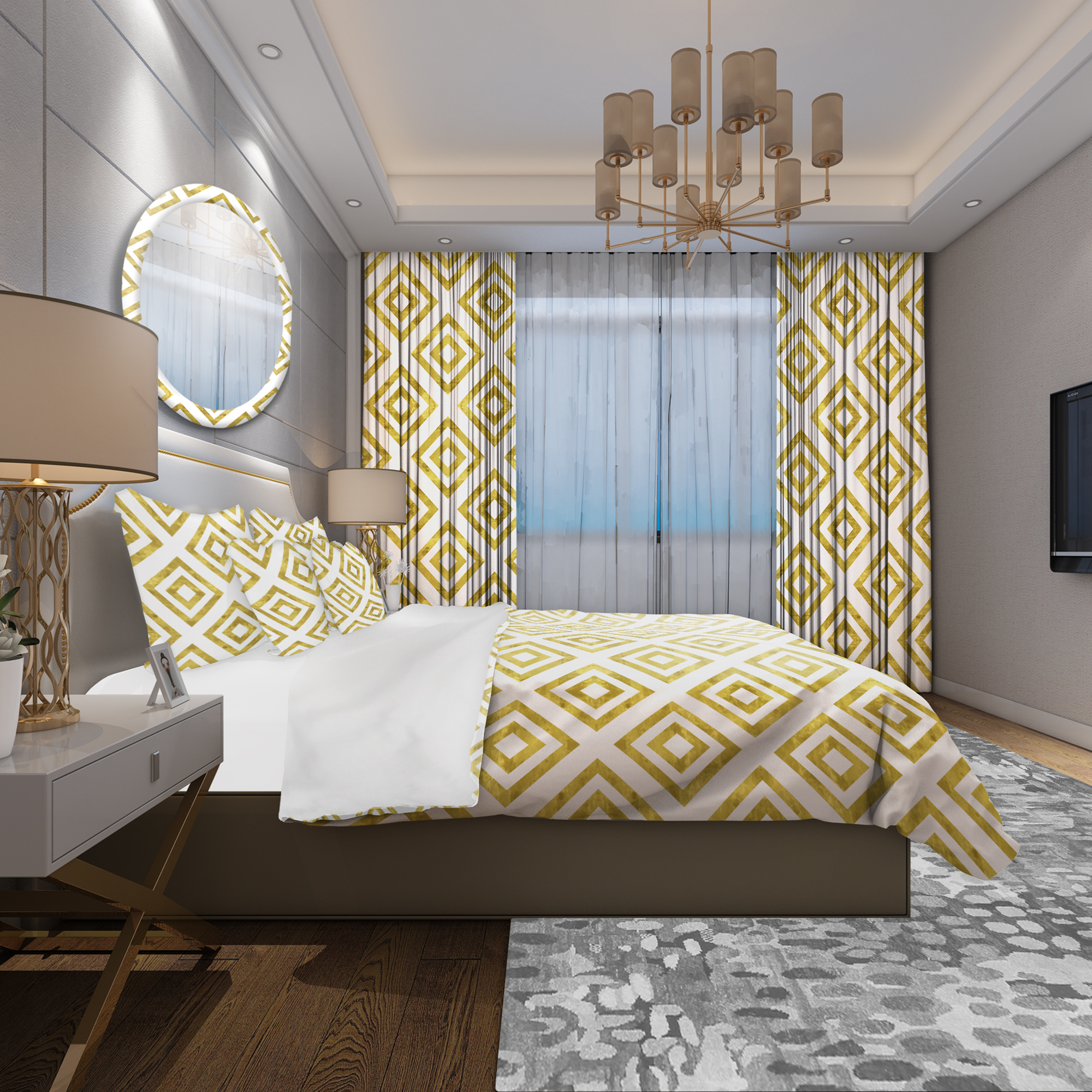Designart 'White and Gold Pattern' Mid-Century Modern Duvet Cover Set