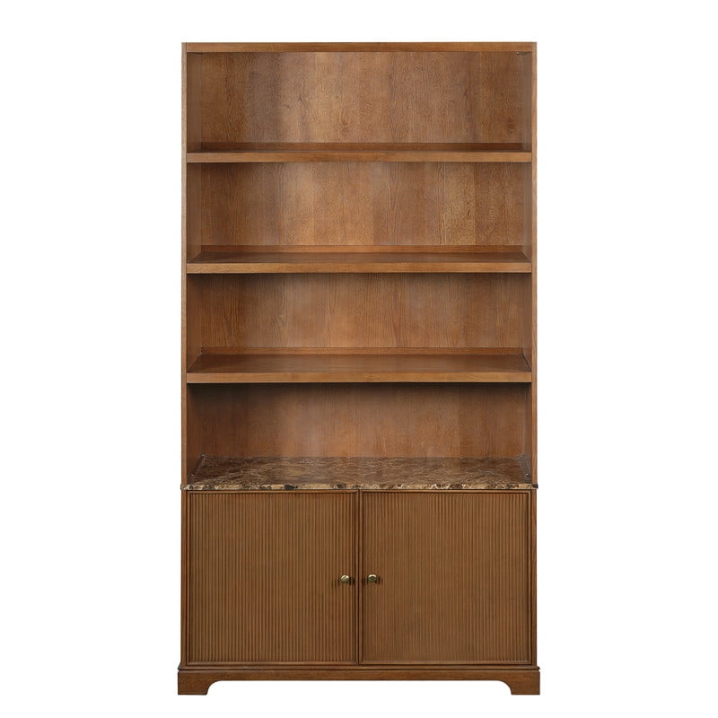 91" Tall Storage Cabinet with Faux Marble Tabletop, Freestanding Bookcase with Fluted Doors, Wooden Display Bookshelf Office Hutch