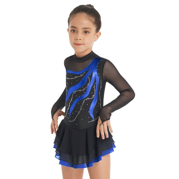 YONGHS Kids Girls Shiny Figure Ice Skating Dress Competition Dance Gymnastic Skirted Leotard Royal Blue 16
