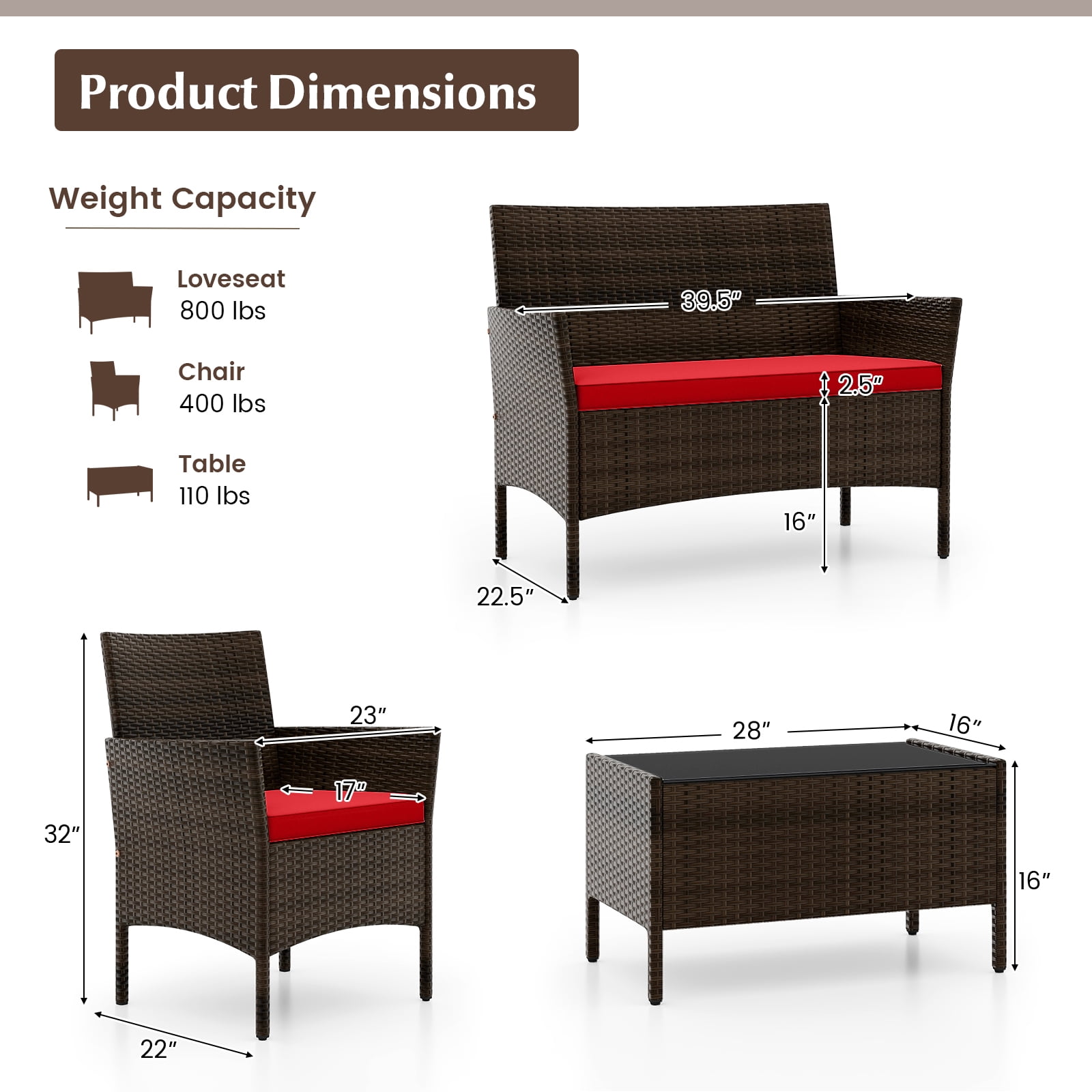 Gymax 4PCS Outdoor Furniture Set Patio Rattan Conversation Set w/ Red Cushion