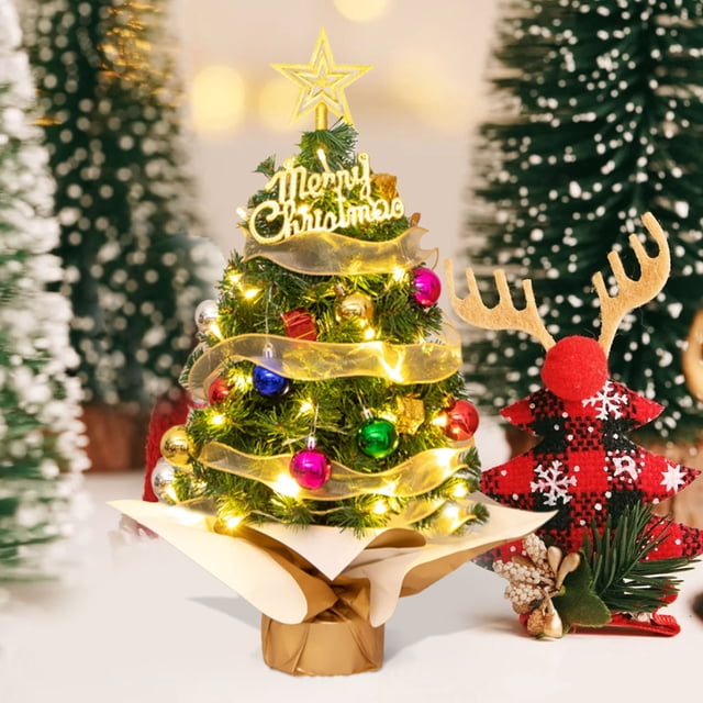 Battery Operated Mini Christmas Tree Set with Clear LED Lights | Pre-Lit Artificial Tabletop Xmas Tree with Star Topper & Ornaments for Holiday Indoor Decor