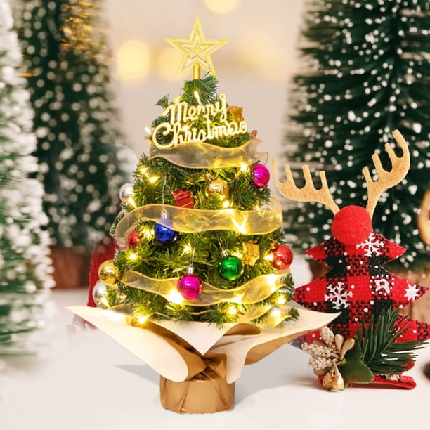 Mini árbol de Navidad de mesa con luces LED transparentes, copa de estrella y adornos, árbol de Navidad artificial a pilas para decoración navideña de interiores.