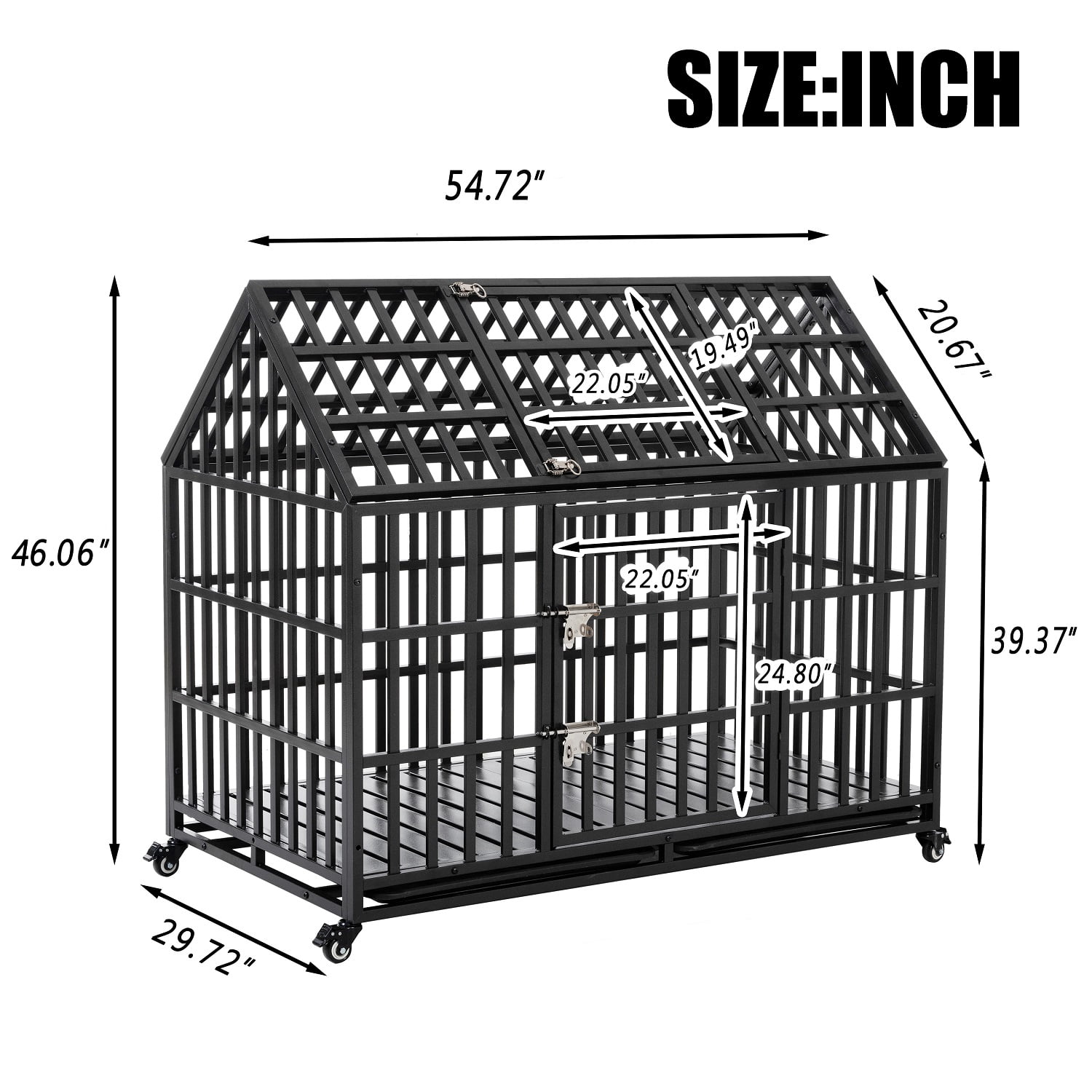 Black Carbon Steel Heavy-Duty Pet Crate, 54.7" Indoor & Outdoor Dog Kennel with Lockable Doors, Removable ABS Trays & Locking Caster Wheels