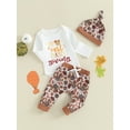 thumbnail image 3 of Wassery Infant Girl Thanksgiving Outfits Set Clothes 3M 6M 12M 18M Baby Girl Long Sleeve Letter Print Romper Tops and Turkey Print Pants Hat Sets 3Pcs Casual Autumn Clothing for Newborn Girl, 3 of 9